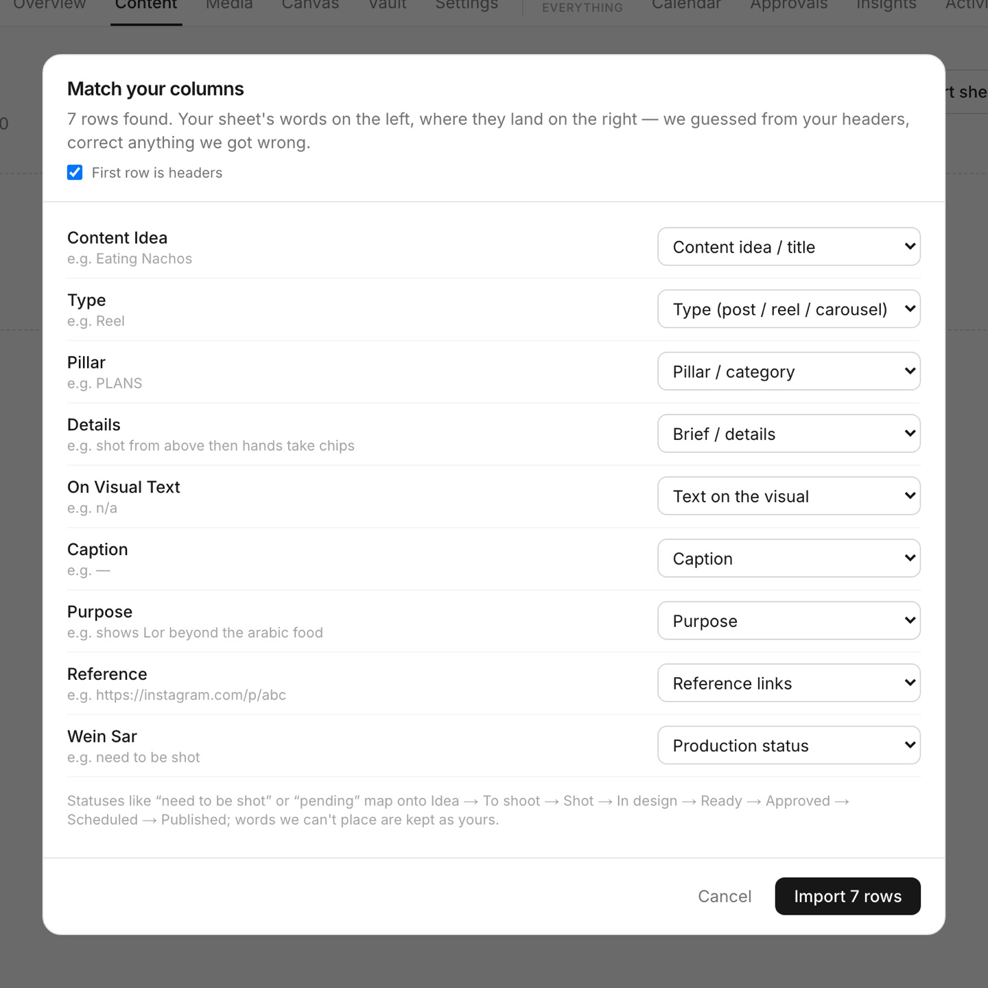 Matching spreadsheet columns to PlanMyGrid fields during an import