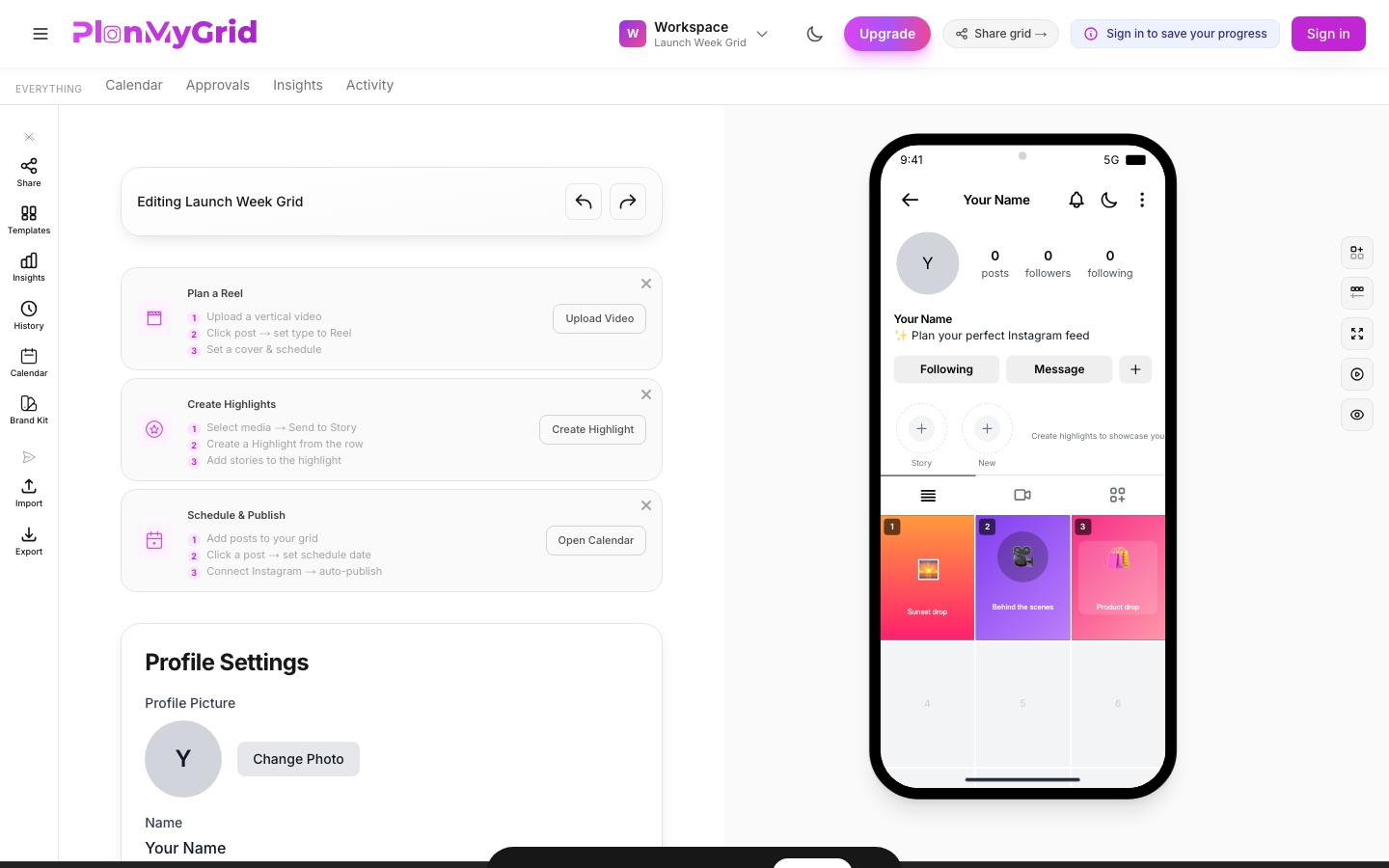 The PlanMyGrid editor: the grid on the left, a live Instagram profile preview on the right