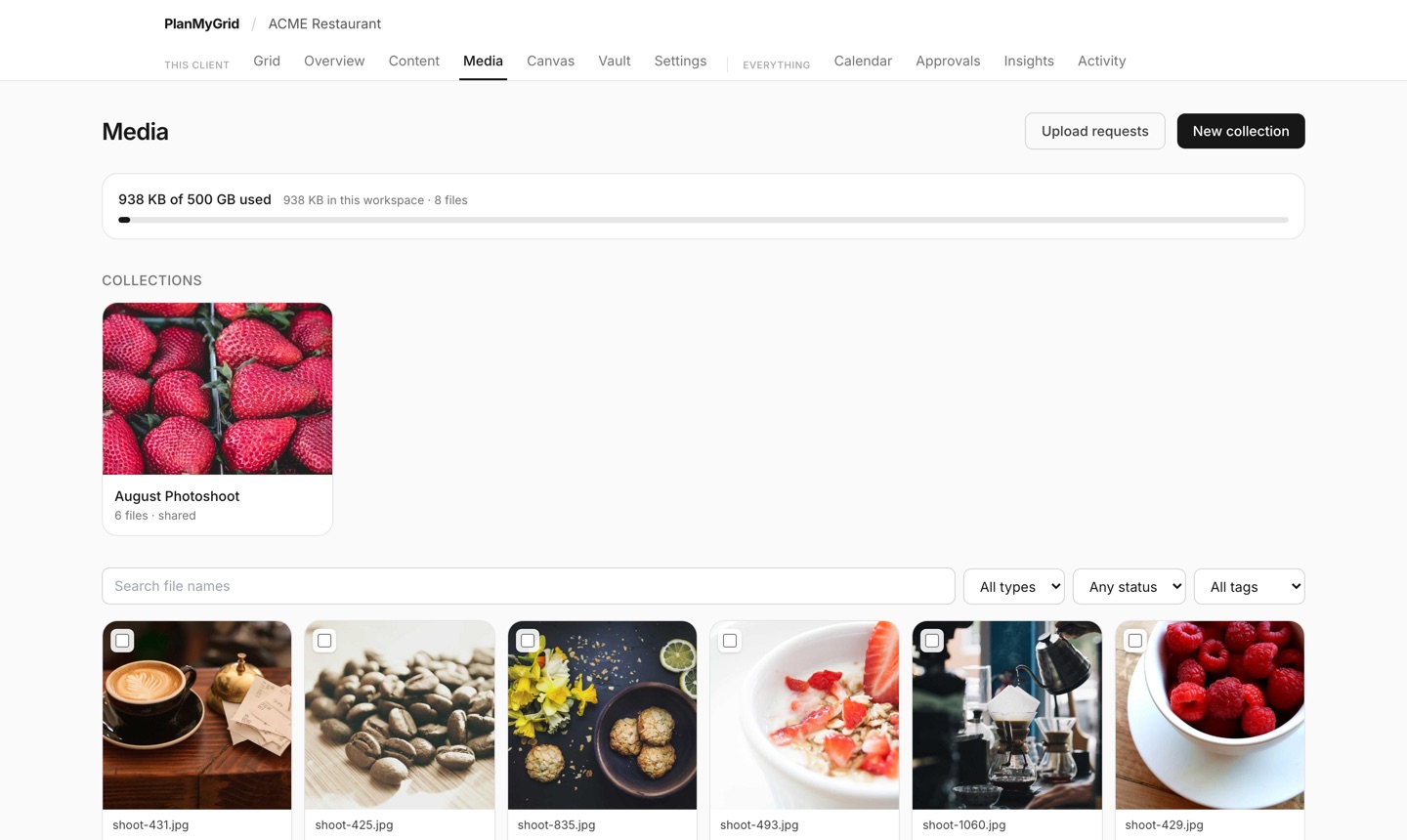 The client media library with collections, tags and search