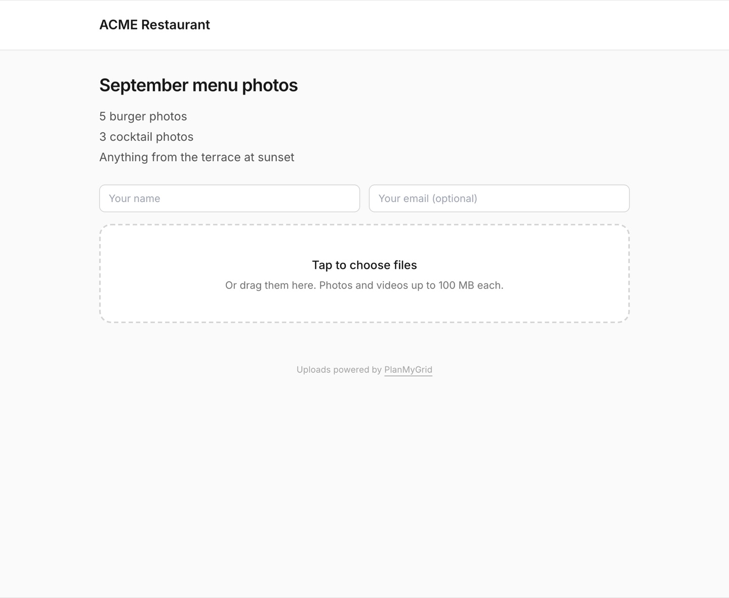 A client upload page carrying the agency's name and colours