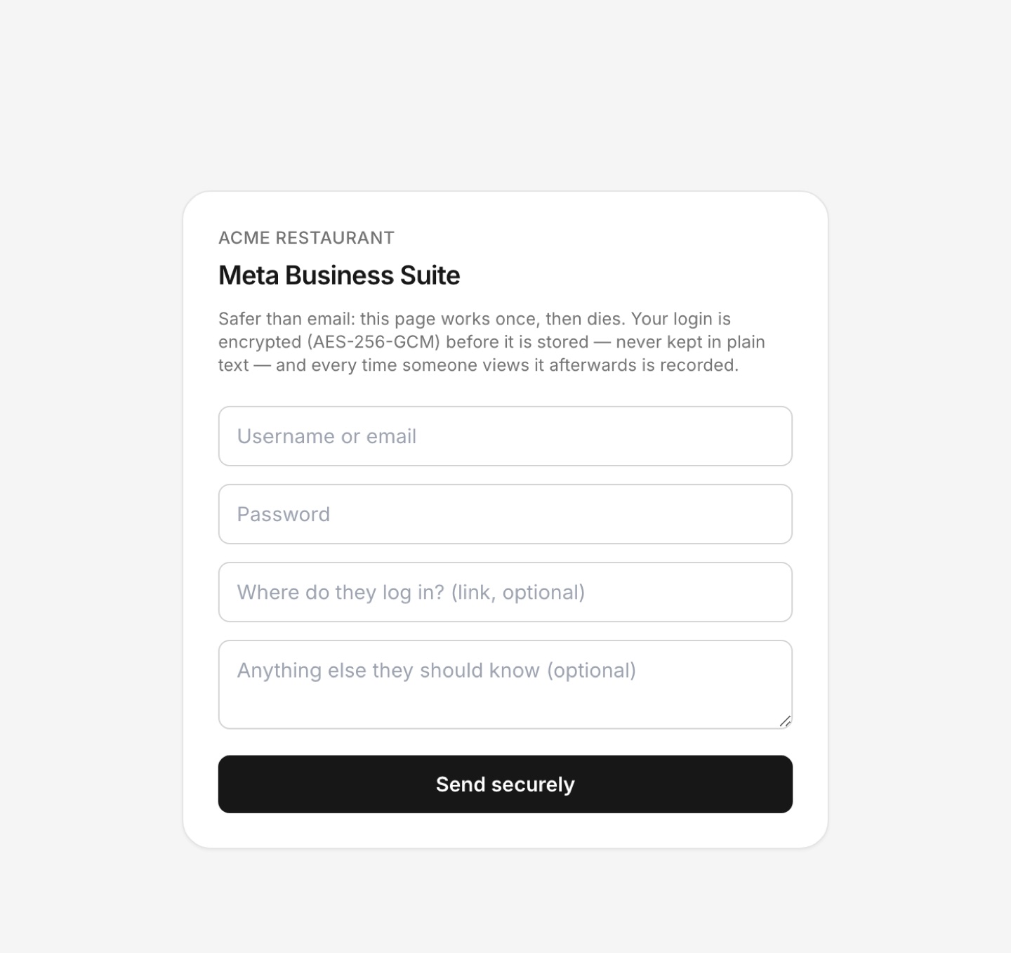 A one-time page where a client hands over a login
